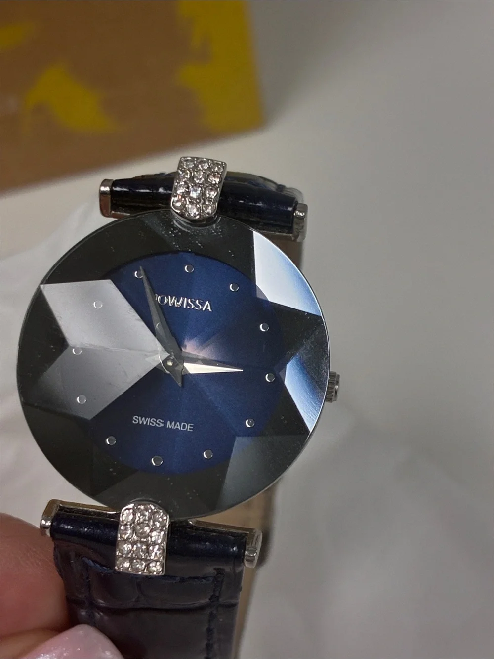 Women Jowissa Swiss  Blue Faceted Crystal Accent Leather Strap Watch